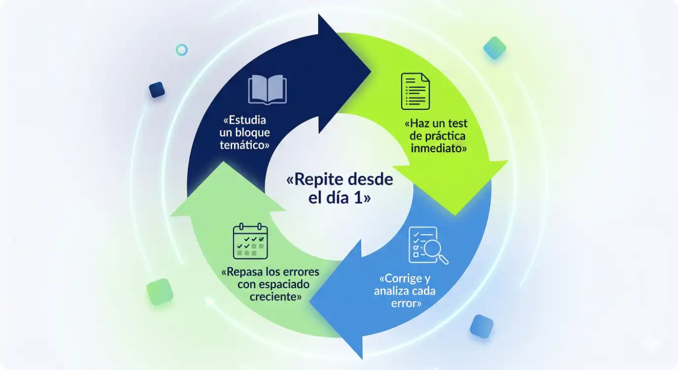 Diagrama circular que muestra las cuatro fases del ciclo de estudio con efecto testing: estudiar, testearse, corregir y repasar con intervalos crecientes