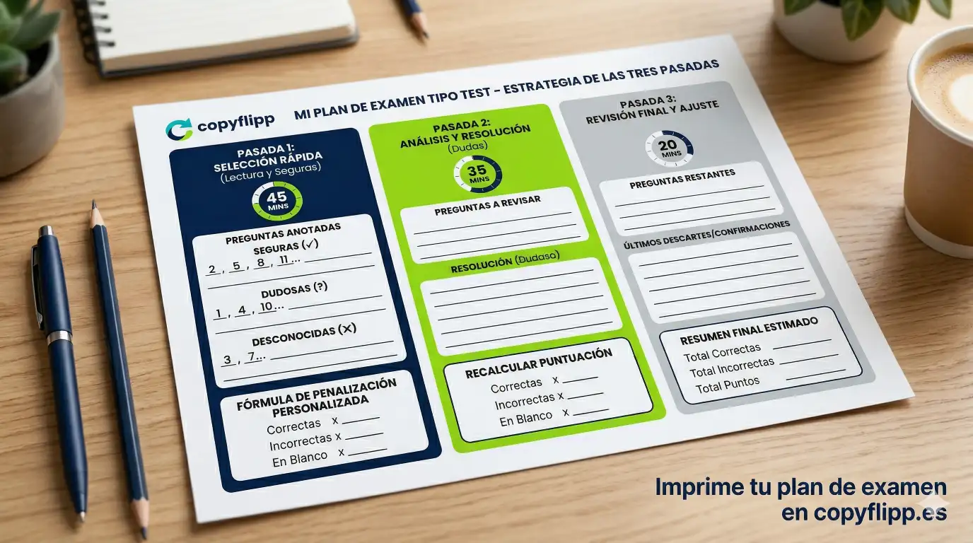 Mockup de una plantilla impresa para gestión del tiempo en exámenes tipo test con las tres pasadas diferenciadas por colores