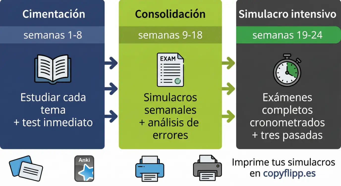 Línea temporal que muestra las tres fases de preparación para un examen tipo test: cimentación, consolidación y simulacro intensivo a lo largo de 6 meses