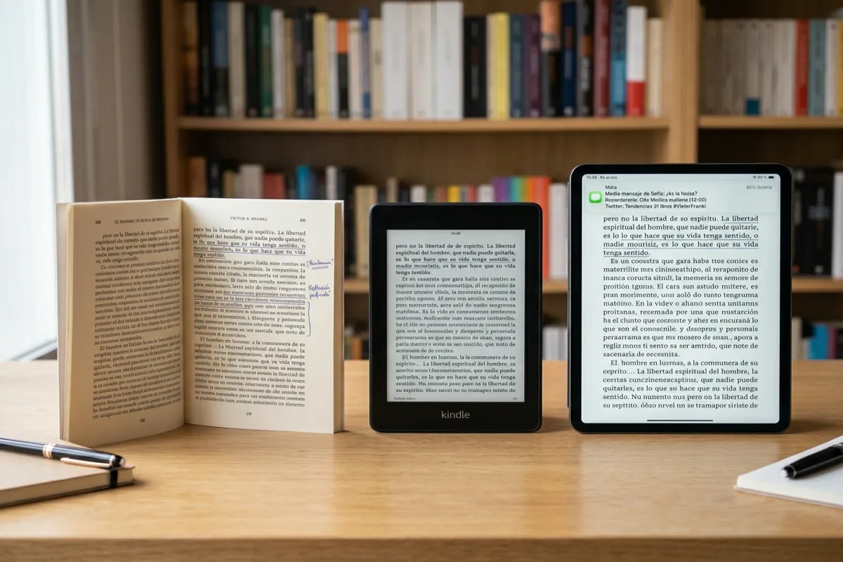 Los tres soportes cara a cara: libro, E-Ink y tablet